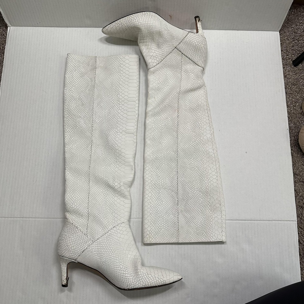 Joie Over The Knee Boots Womens 6 White Leather Snake Kitten Heel Pointed Toe